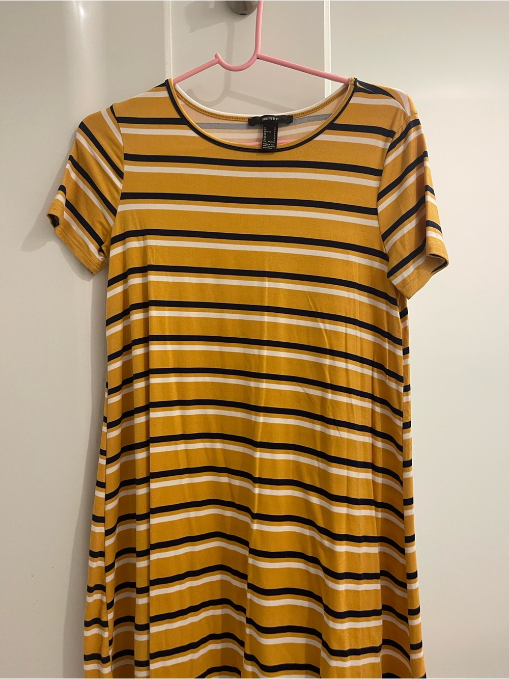Forever 21 Mustard Striped Short-Sleeve Midi Dress